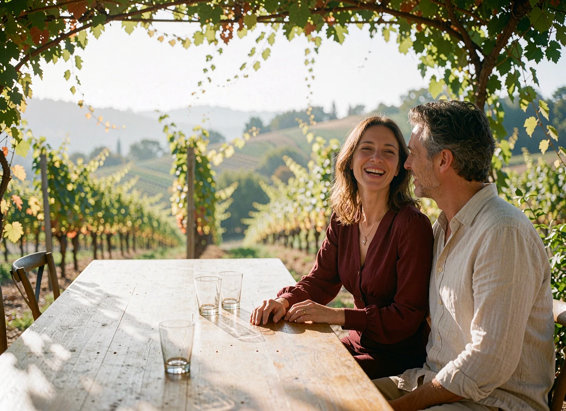 Couple in their forties laughing together at a long wooden table on a sunlit vineyard terrace