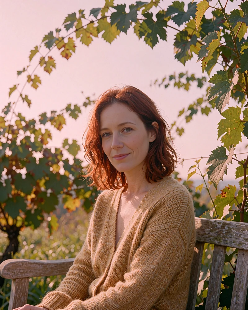 Verified Moldovan member profile photo of an auburn-haired woman in a mustard cardigan seated among vine leaves