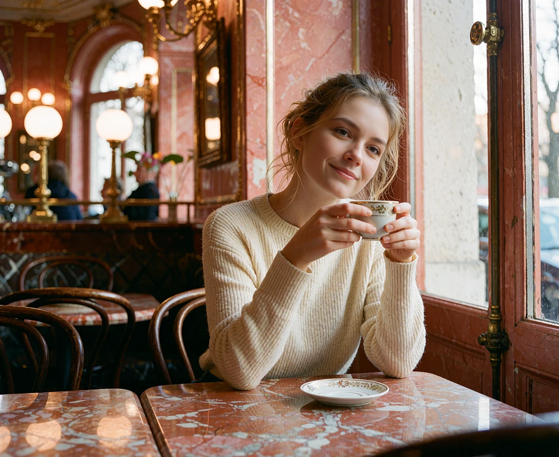 Young Czech woman in a cream sweater holding a porcelain coffee cup at a marble café table