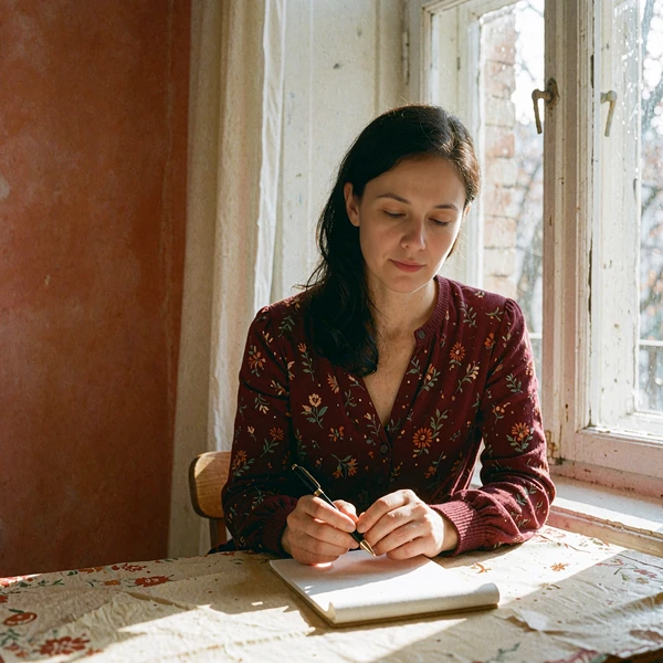 Woman by a window with a pen resting above a blank notepad, thoughtful expression