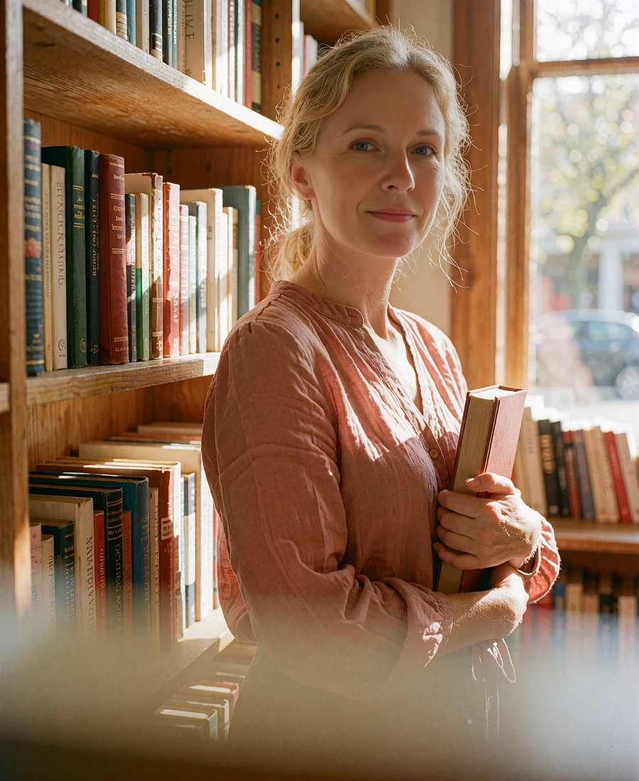 Belarusian woman holding a book and smiling among warm wooden bookshop shelves