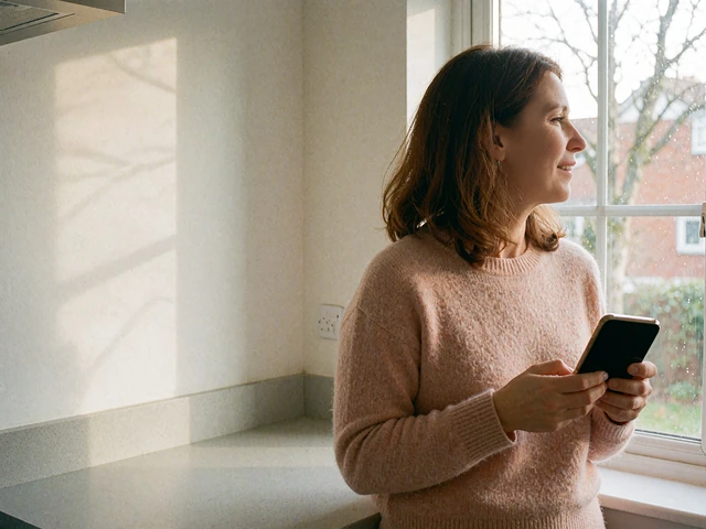 Woman in a blush sweater standing near a sunlit kitchen window holding a phone