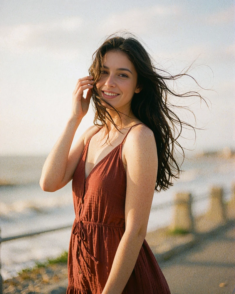 Verified Romanian member profile photo of a dark-haired woman in a rust sundress near a seaside promenade