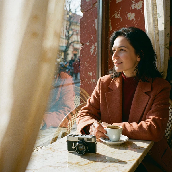 Woman in a camel coat at a sunlit café window with a vintage camera resting on the table