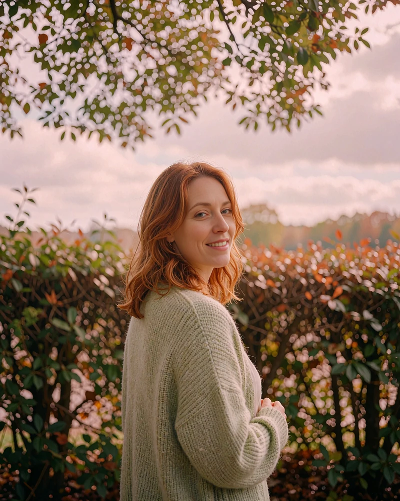 Verified Belarusian member profile photo of a copper-haired woman in a sage cardigan outdoors