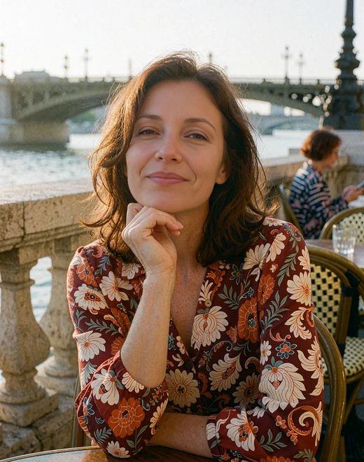 Hungarian woman on a Budapest cafe terrace beside the river at evening