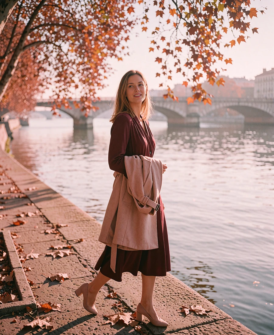 Czech woman in a burgundy midi dress walking along an autumn river embankment at golden hour