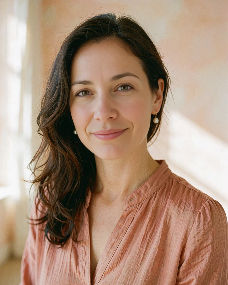 Verified Slovak member profile photo of a brunette woman in a terracotta blouse with pearl earrings