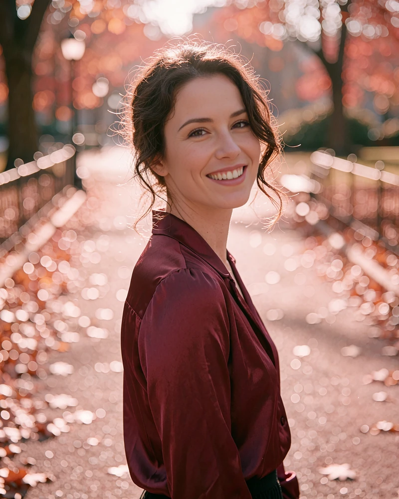 Verified Belarusian member profile photo of a dark-haired woman in a burgundy blouse smiling in a park