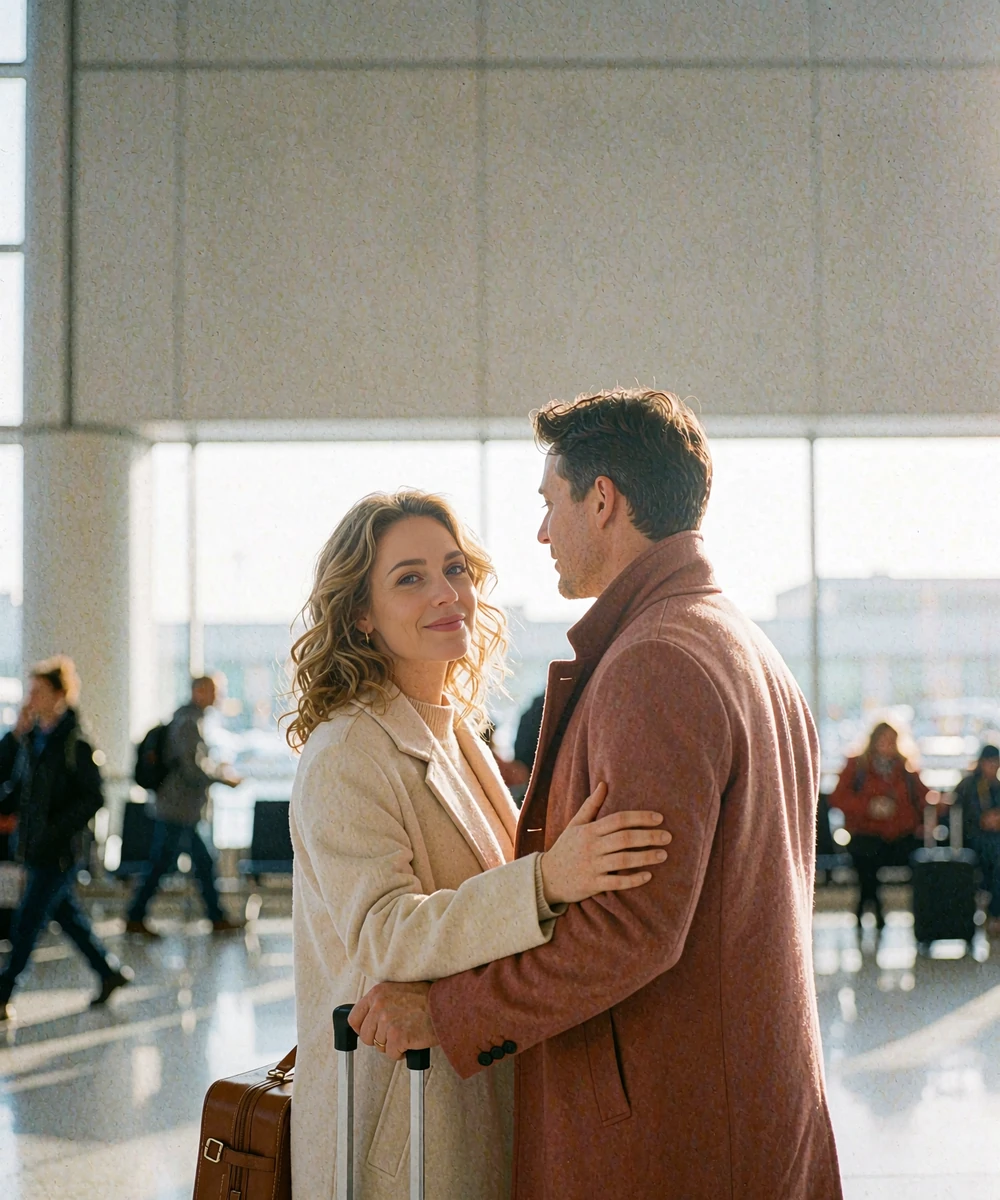 Woman in a cream coat greeting a man warmly in a bright airport arrivals hall during a first in-person meeting