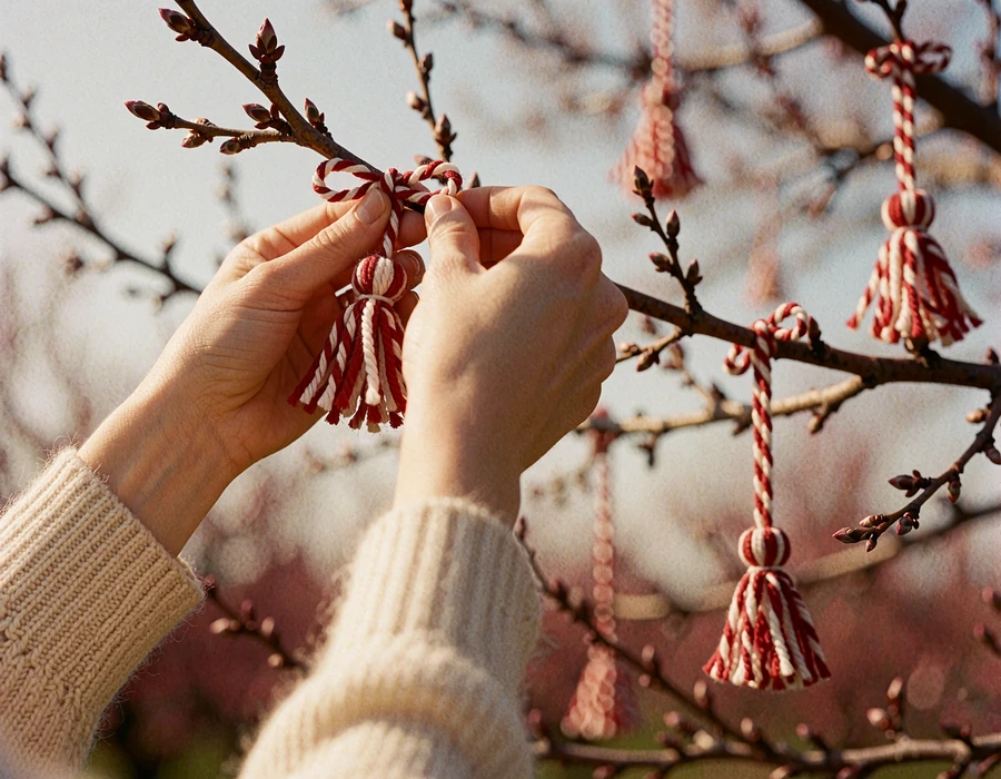 Woman's hands tying a red-and-white martenitsa tassel onto a budding tree branch in early spring
