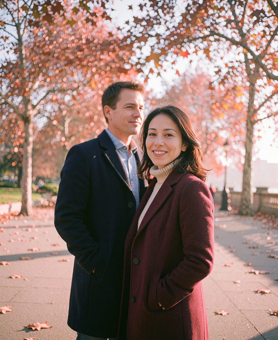 Couple walking closely together along a leafy city promenade, the woman smiling directly at the camera