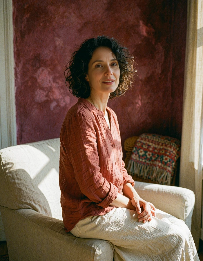 SlavicFlirt editorial team member in a terracotta blouse in a sunlit reading corner