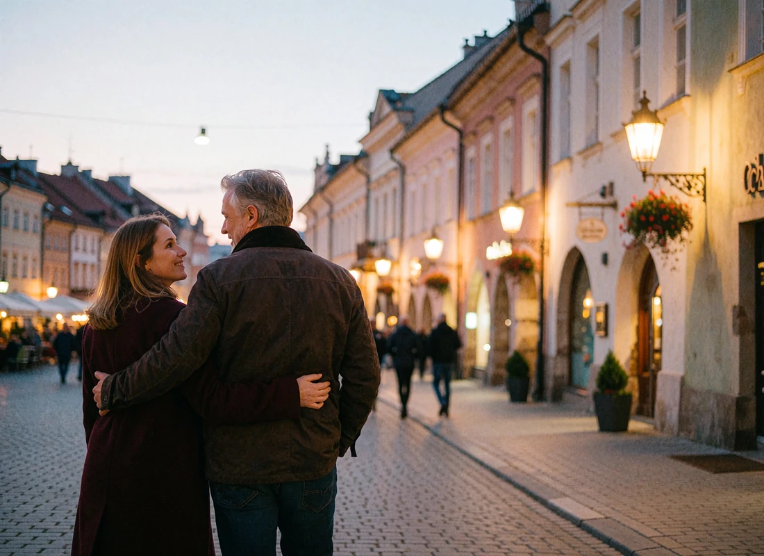Couple in their forties walking arm in arm across a lamplit old-town square at dusk
